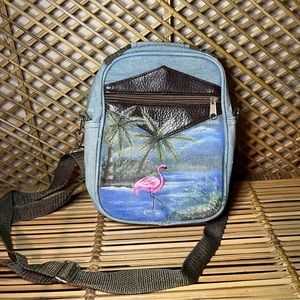 Vintage Handpainted Denim Canvas crossbody Flamingo Beach Scene Faux Leather